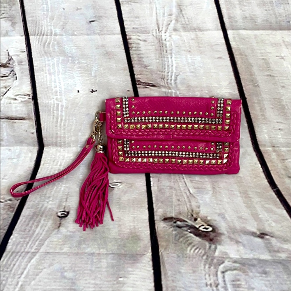 Bebe studded tassel wristlet